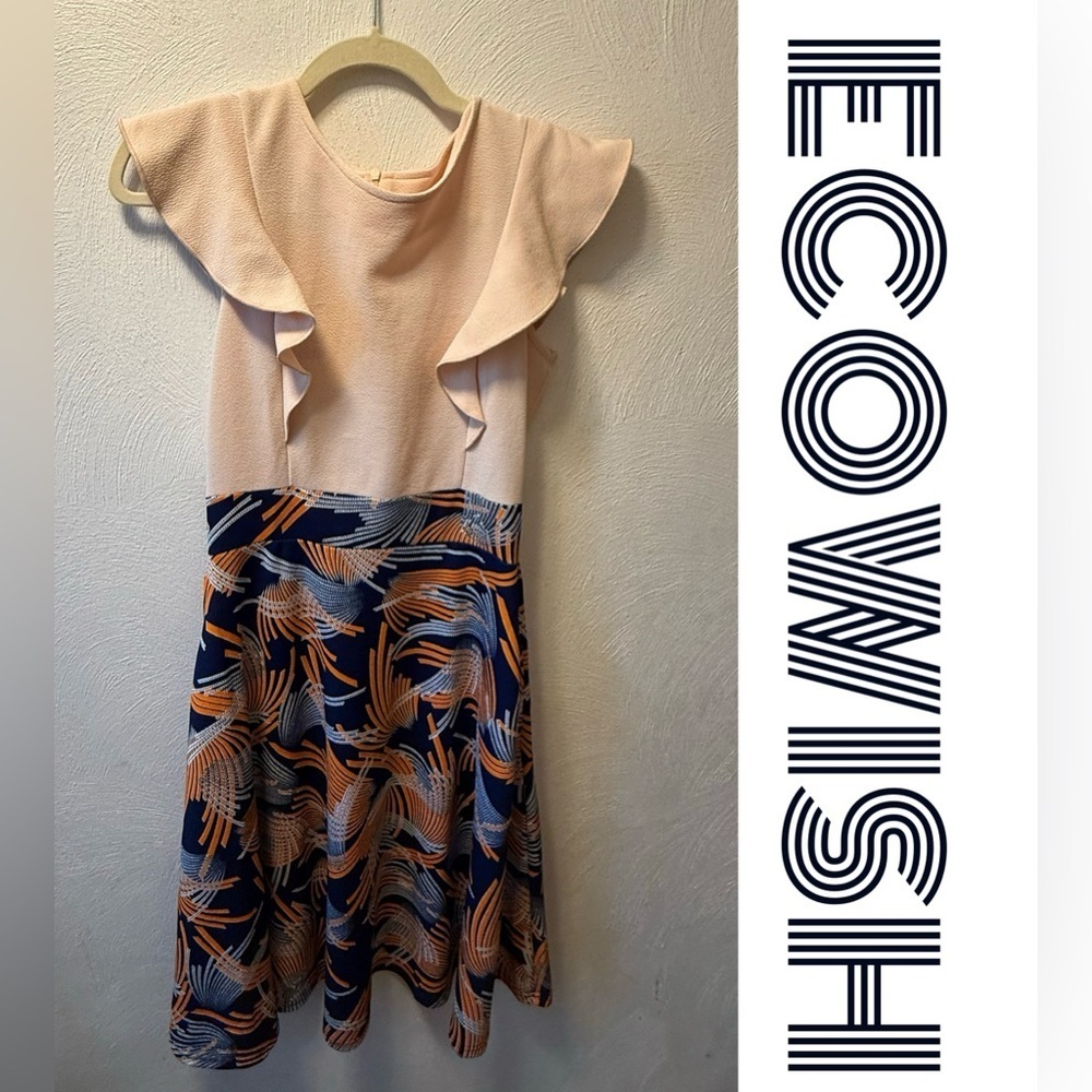 NWT Ecowish Ruffle Sleeve Fit & Flare Dress Blush & Navy Abstract Easter Spring - Picture 2 of 6